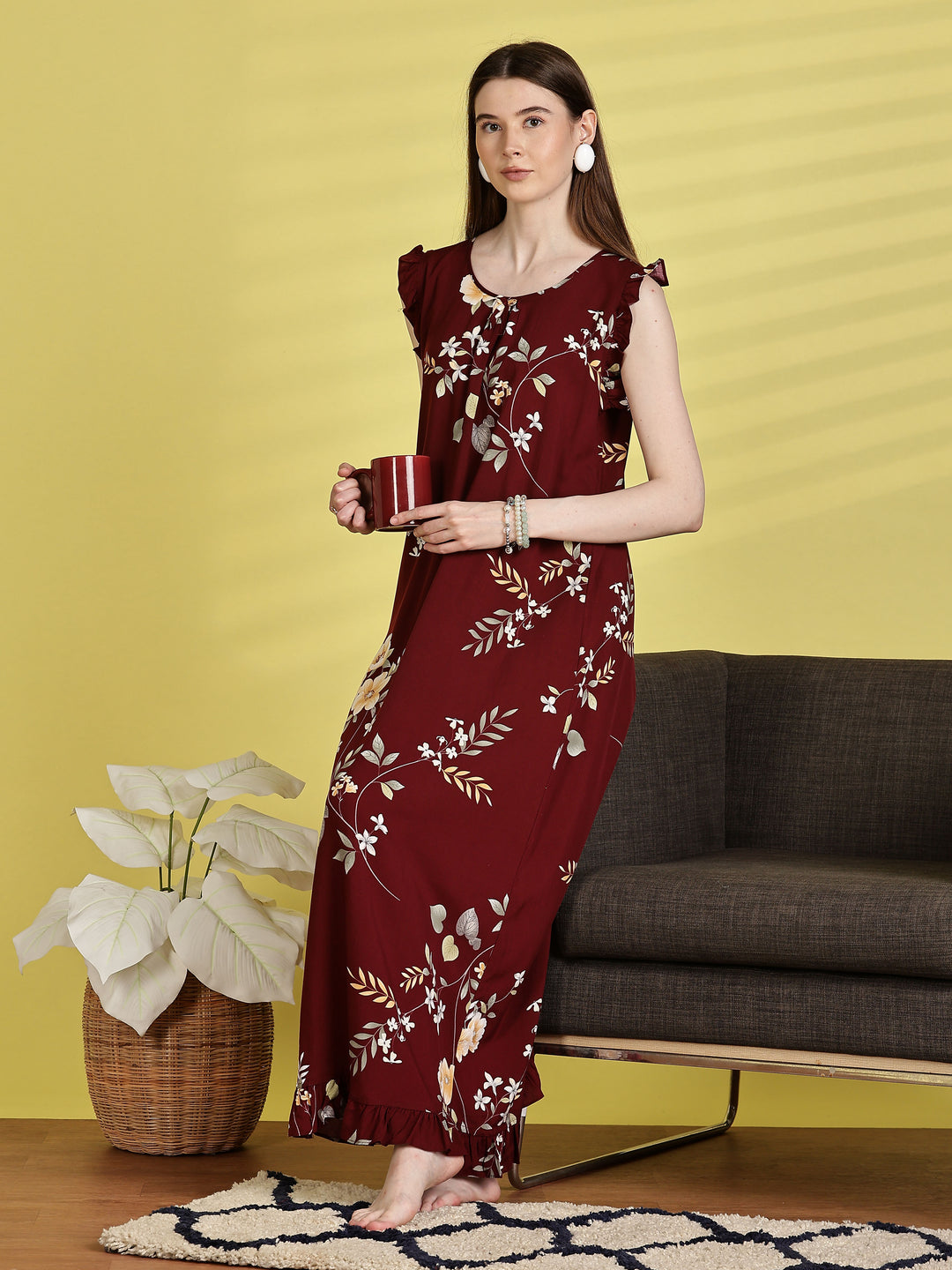 Maroon Rayon Floral Sleeveless Nighties for Women