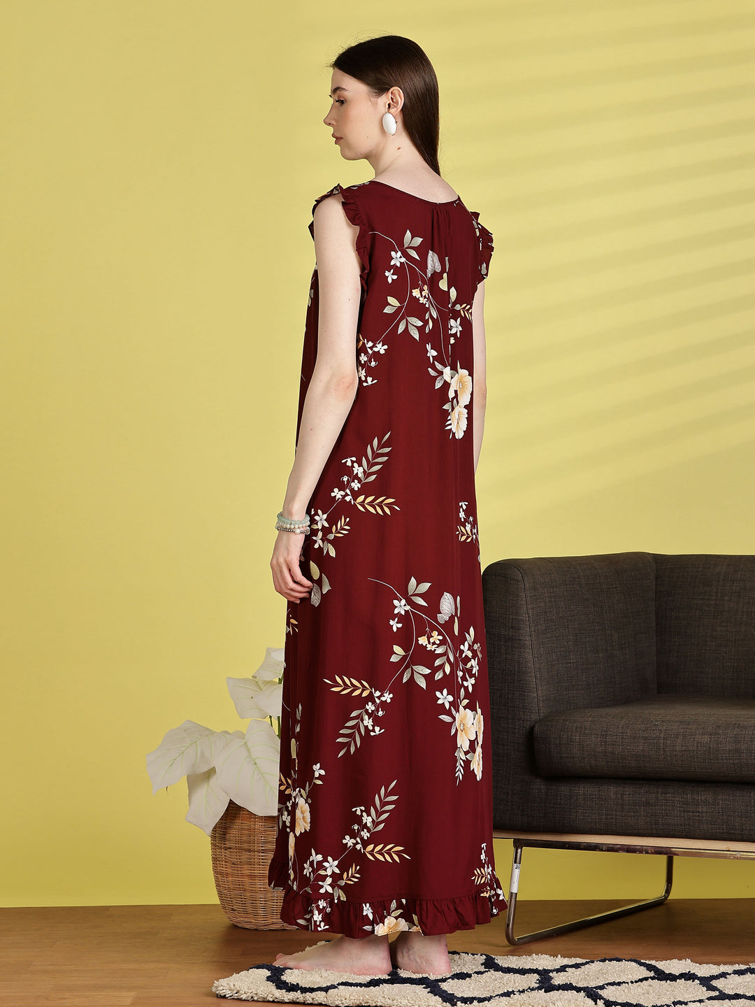 Maroon Rayon Floral Sleeveless Nighties for Women