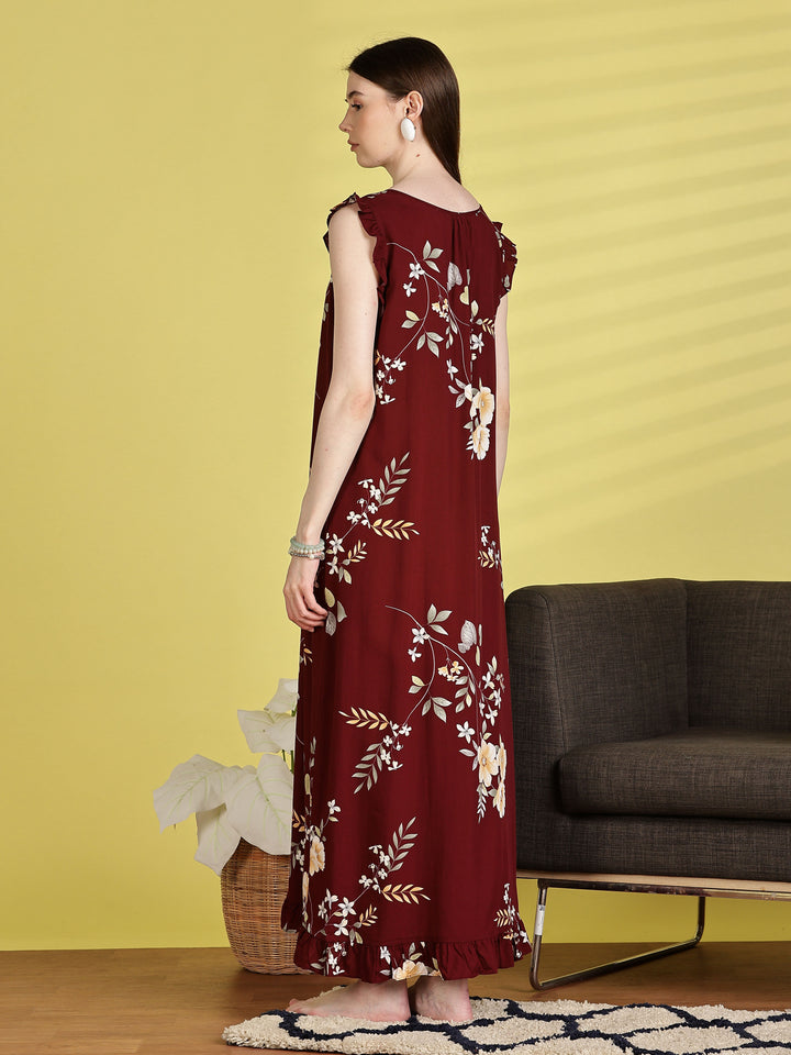 Maroon Rayon Floral Sleeveless Nighties for Women