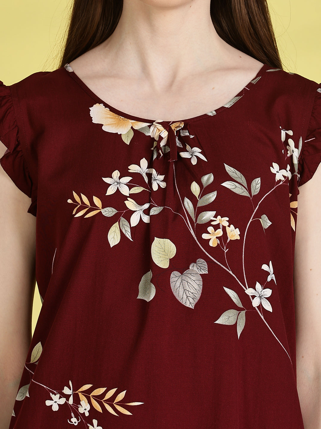 Maroon Rayon Floral Sleeveless Nighties for Women