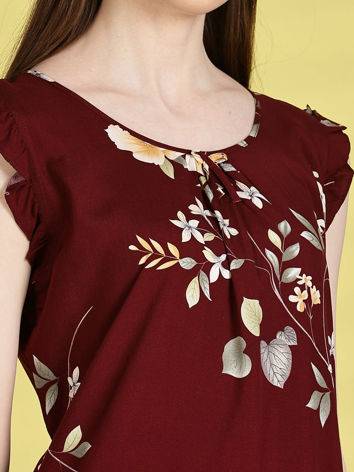 Maroon Rayon Floral Sleeveless Nighties for Women