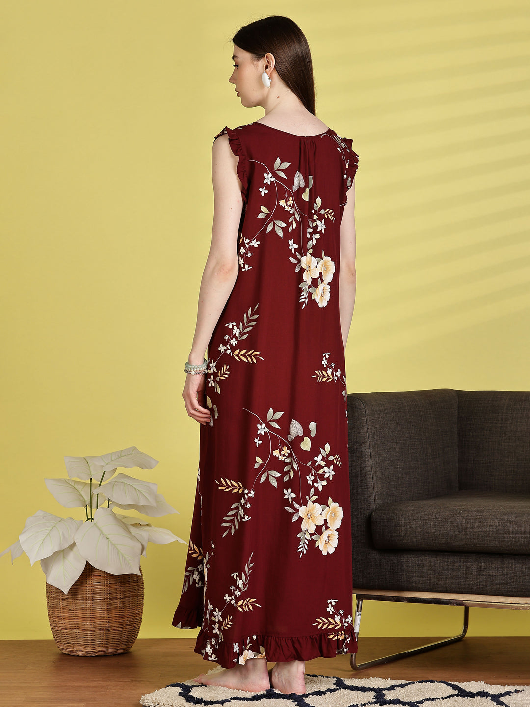 Maroon Rayon Floral Sleeveless Nighties for Women