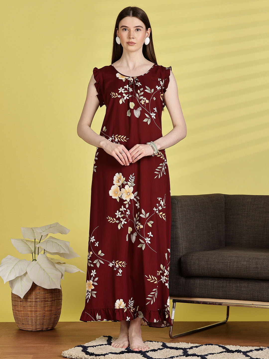 Maroon Rayon Floral Sleeveless Nighties for Women