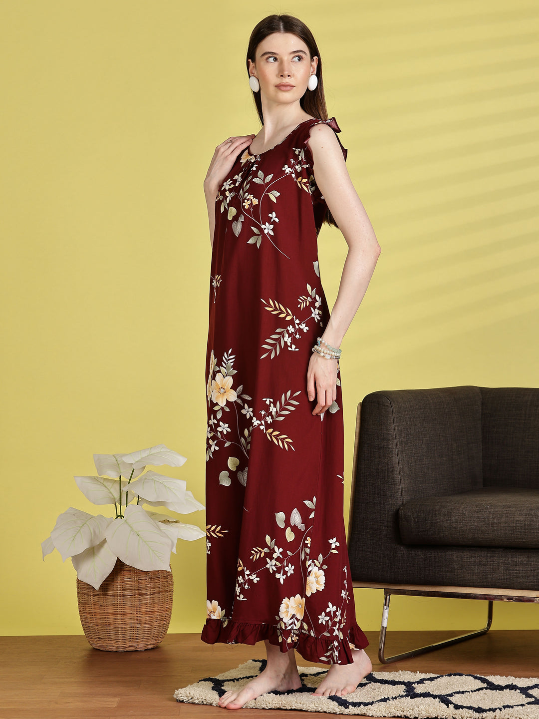 Maroon Rayon Floral Sleeveless Nighties for Women