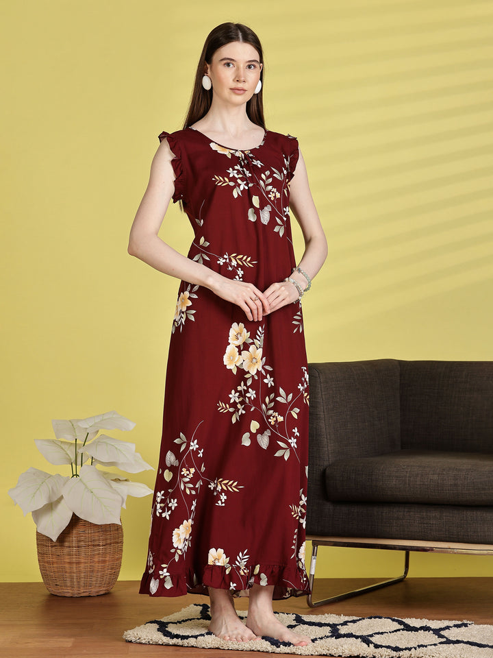 Maroon Rayon Floral Sleeveless Nighties for Women