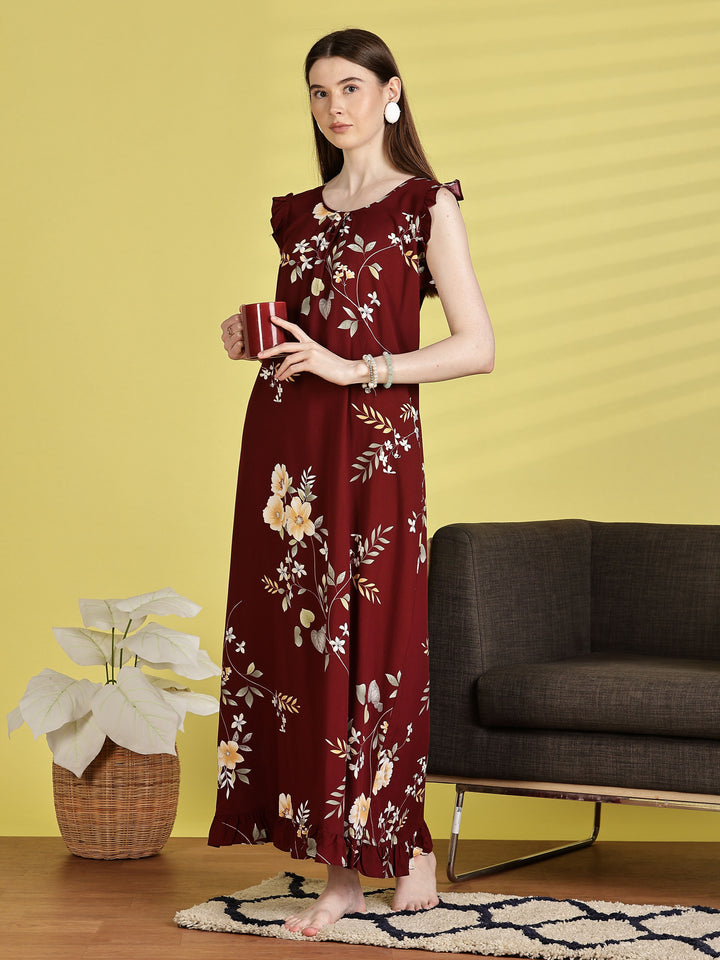 Maroon Rayon Floral Sleeveless Nighties for Women