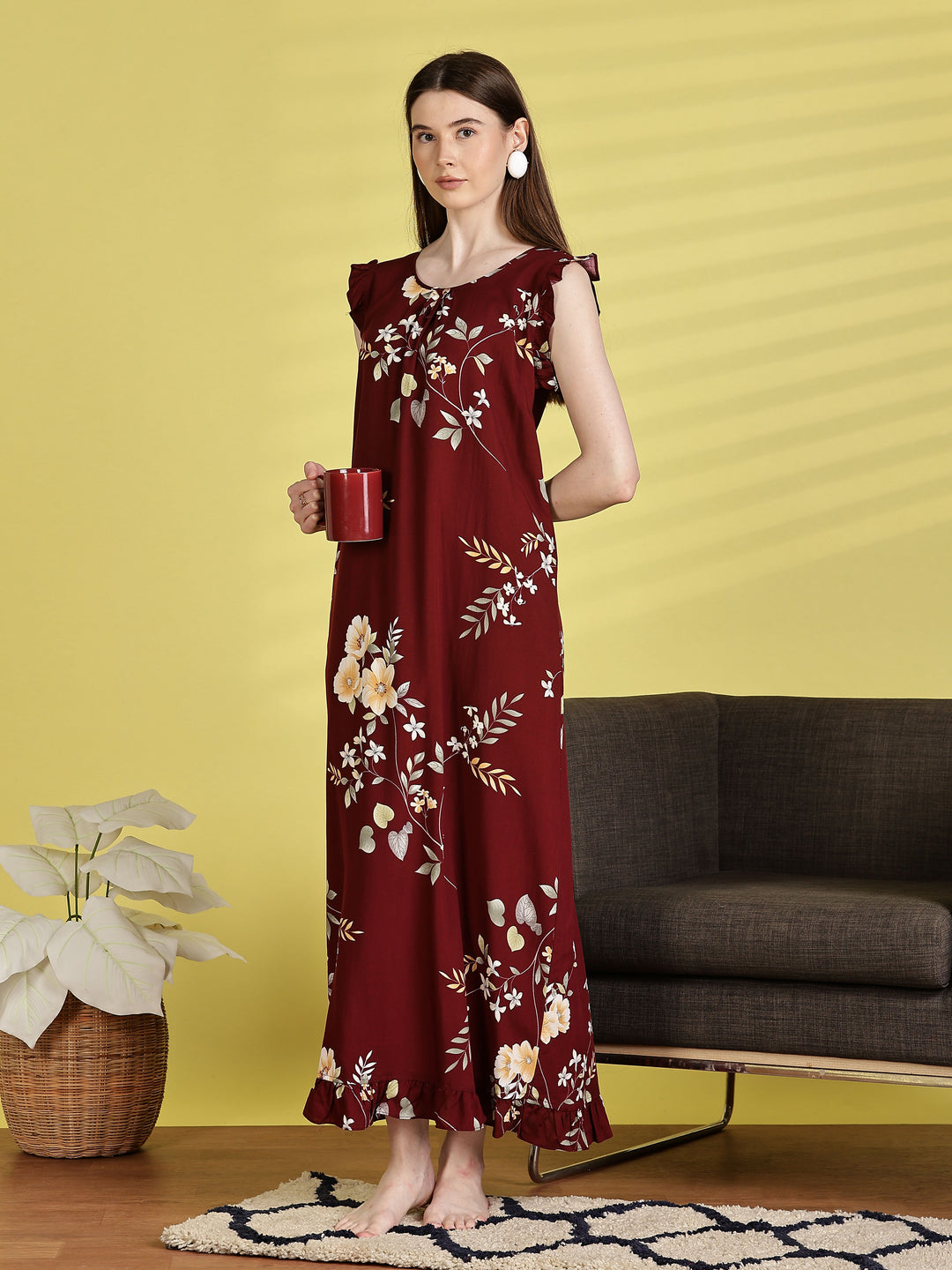 Maroon Rayon Floral Sleeveless Nighties for Women