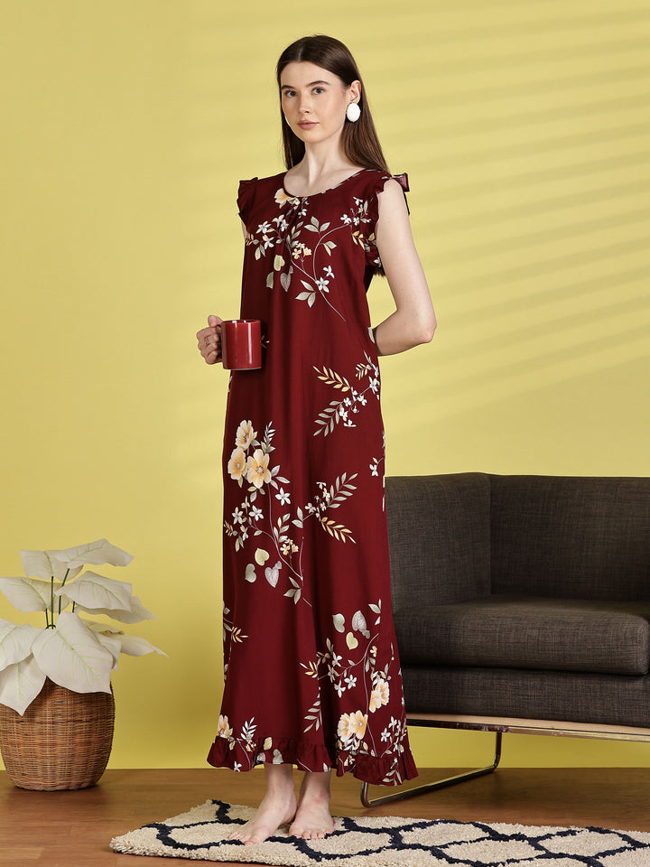 Maroon Rayon Floral Sleeveless Nighties for Women