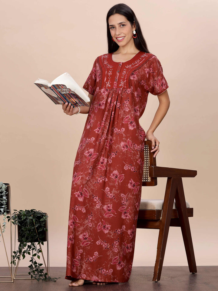 Trendy Red Alpine Floral Print Nighty for Women