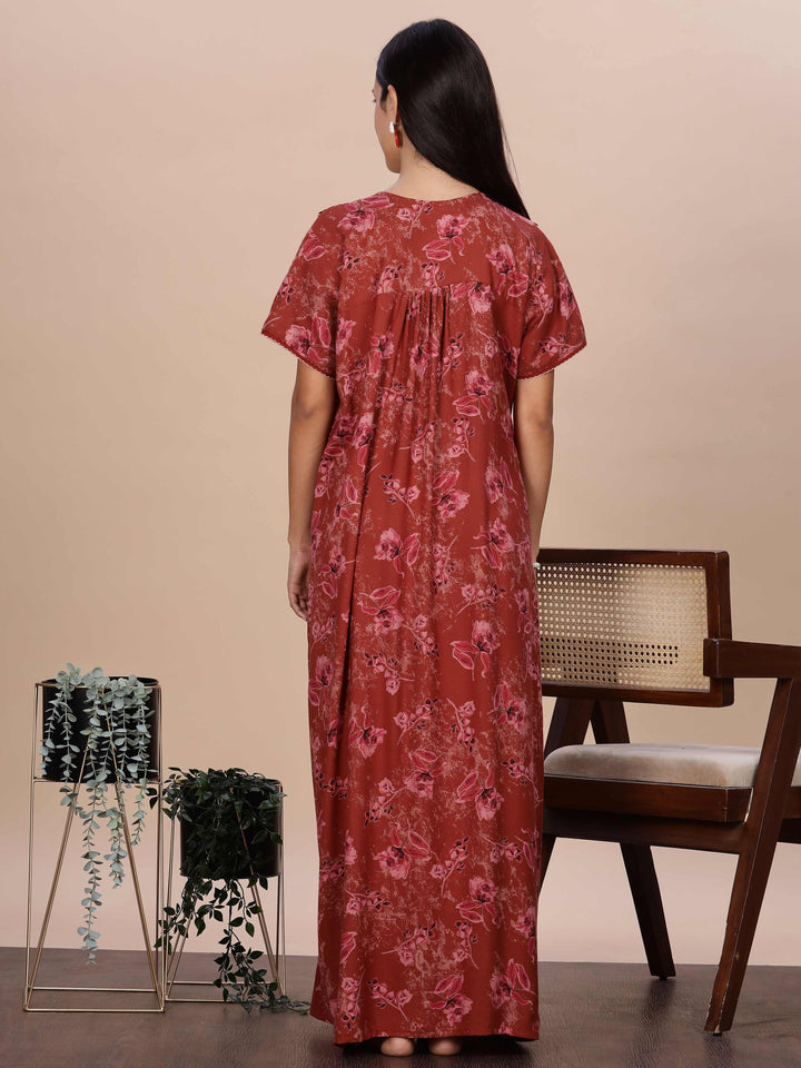 Trendy Red Alpine Floral Print Nighty for Women