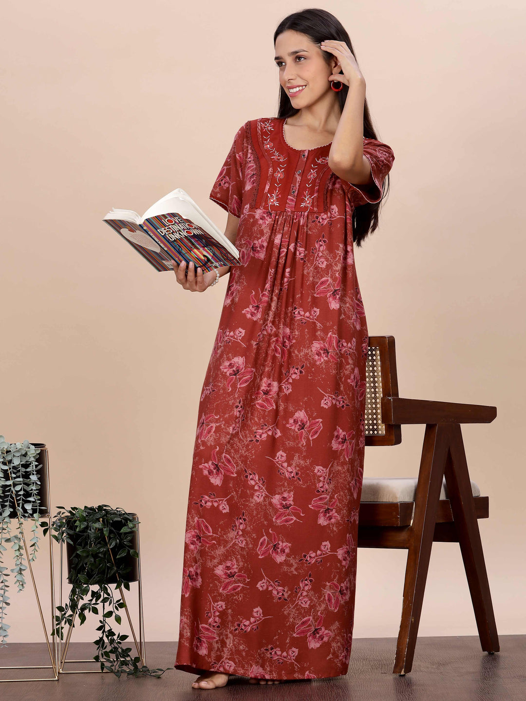 Trendy Red Alpine Floral Print Nighty for Women