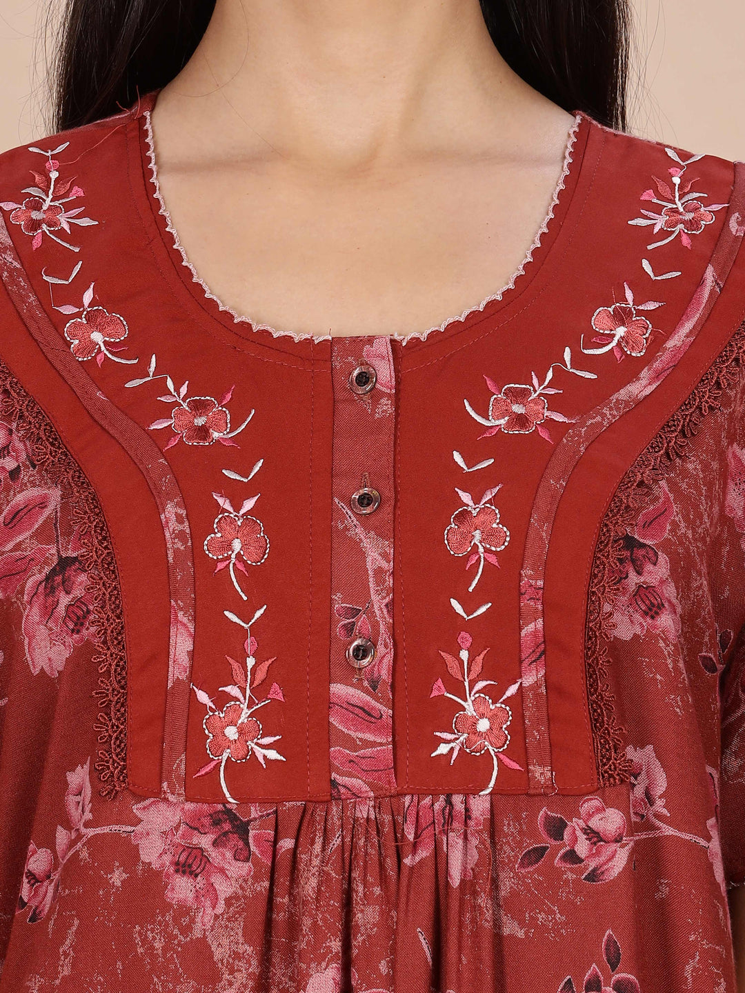 Trendy Red Alpine Floral Print Nighty for Women
