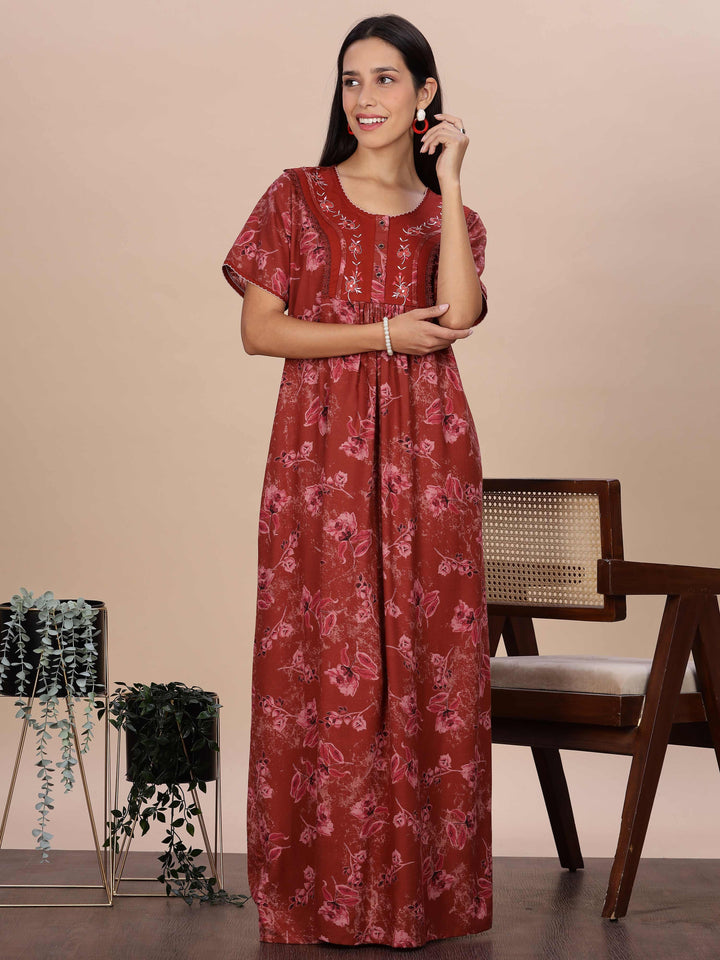Trendy Red Alpine Floral Print Nighty for Women