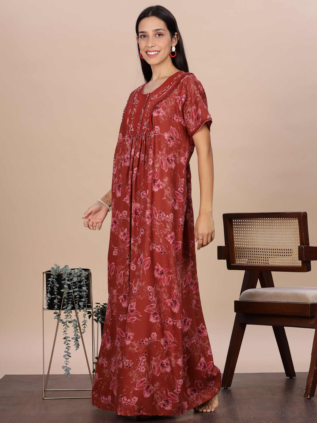 Trendy Red Alpine Floral Print Nighty for Women