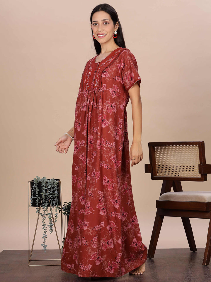 Trendy Red Alpine Floral Print Nighty for Women