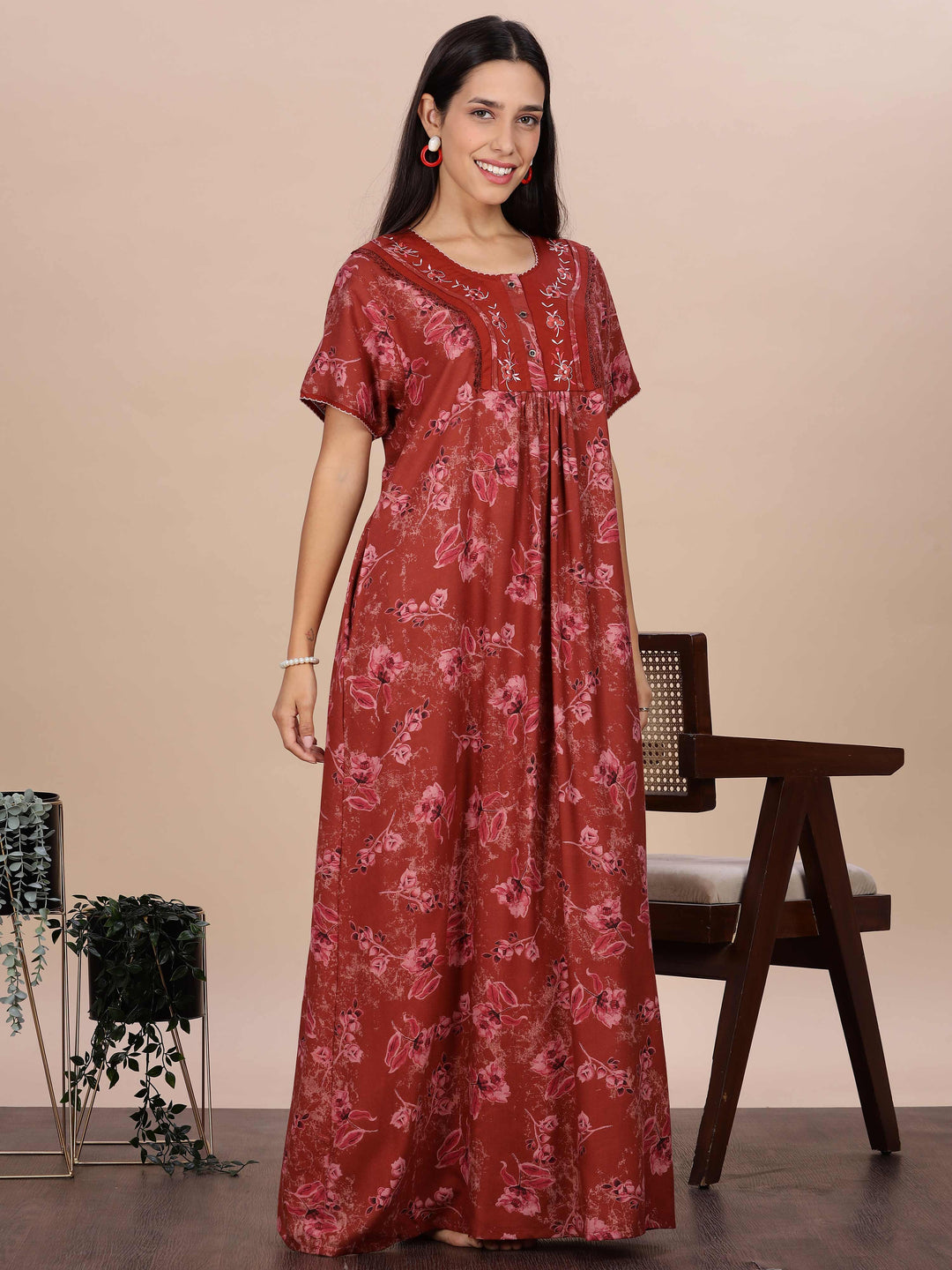 Trendy Red Alpine Floral Print Nighty for Women