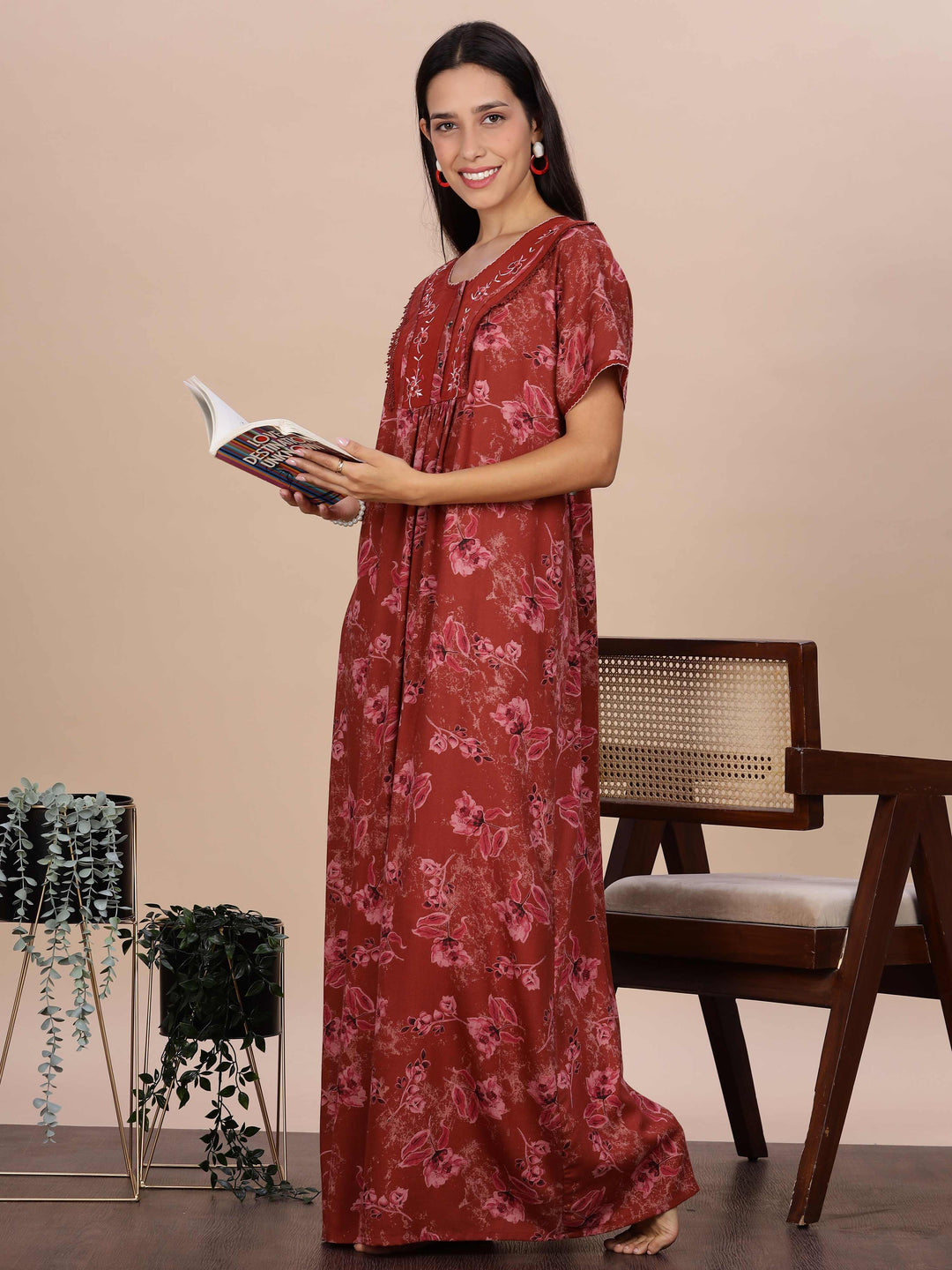 Trendy Red Alpine Floral Print Nighty for Women
