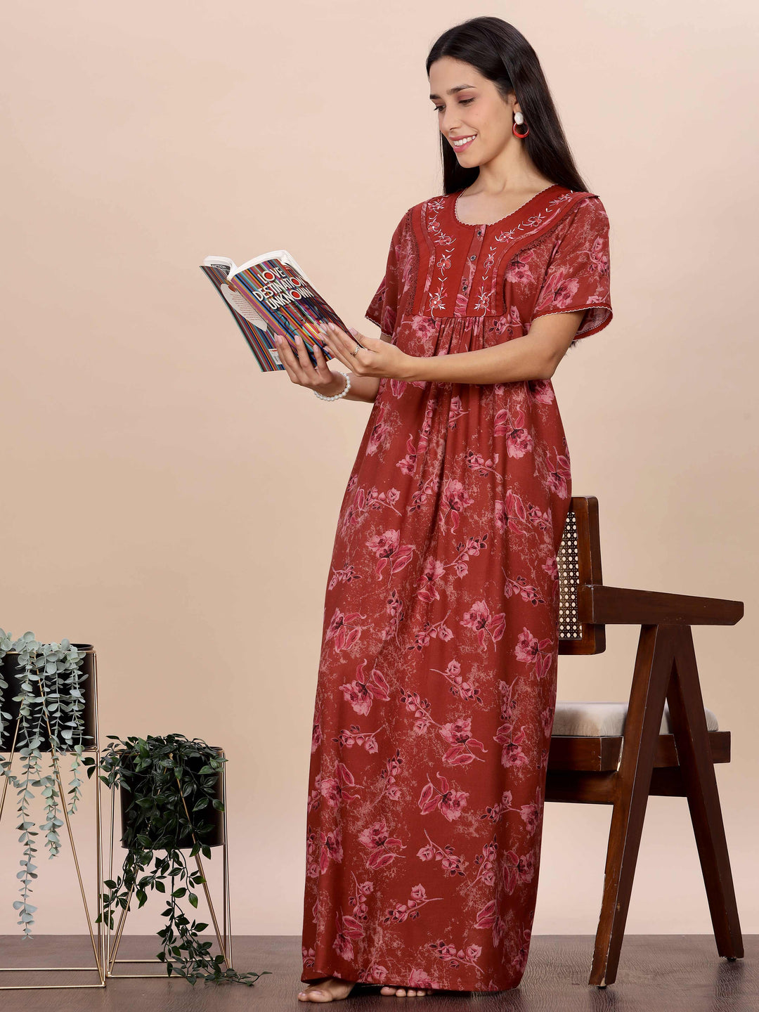 Trendy Red Alpine Floral Print Nighty for Women