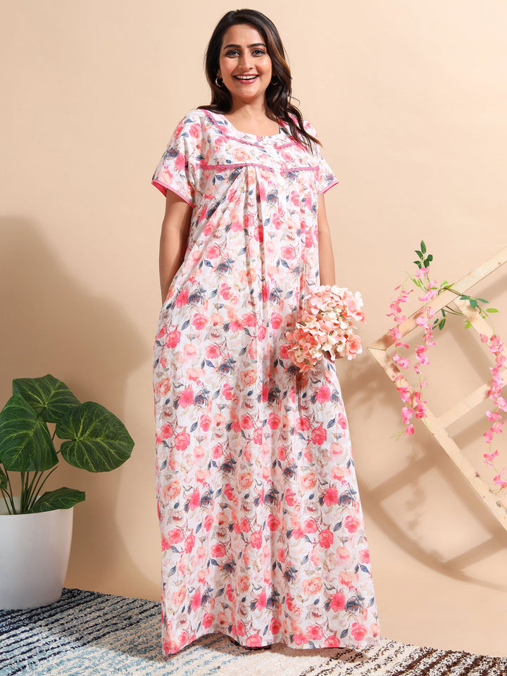 Premium Red Chikankari Cotton Nighty for Women