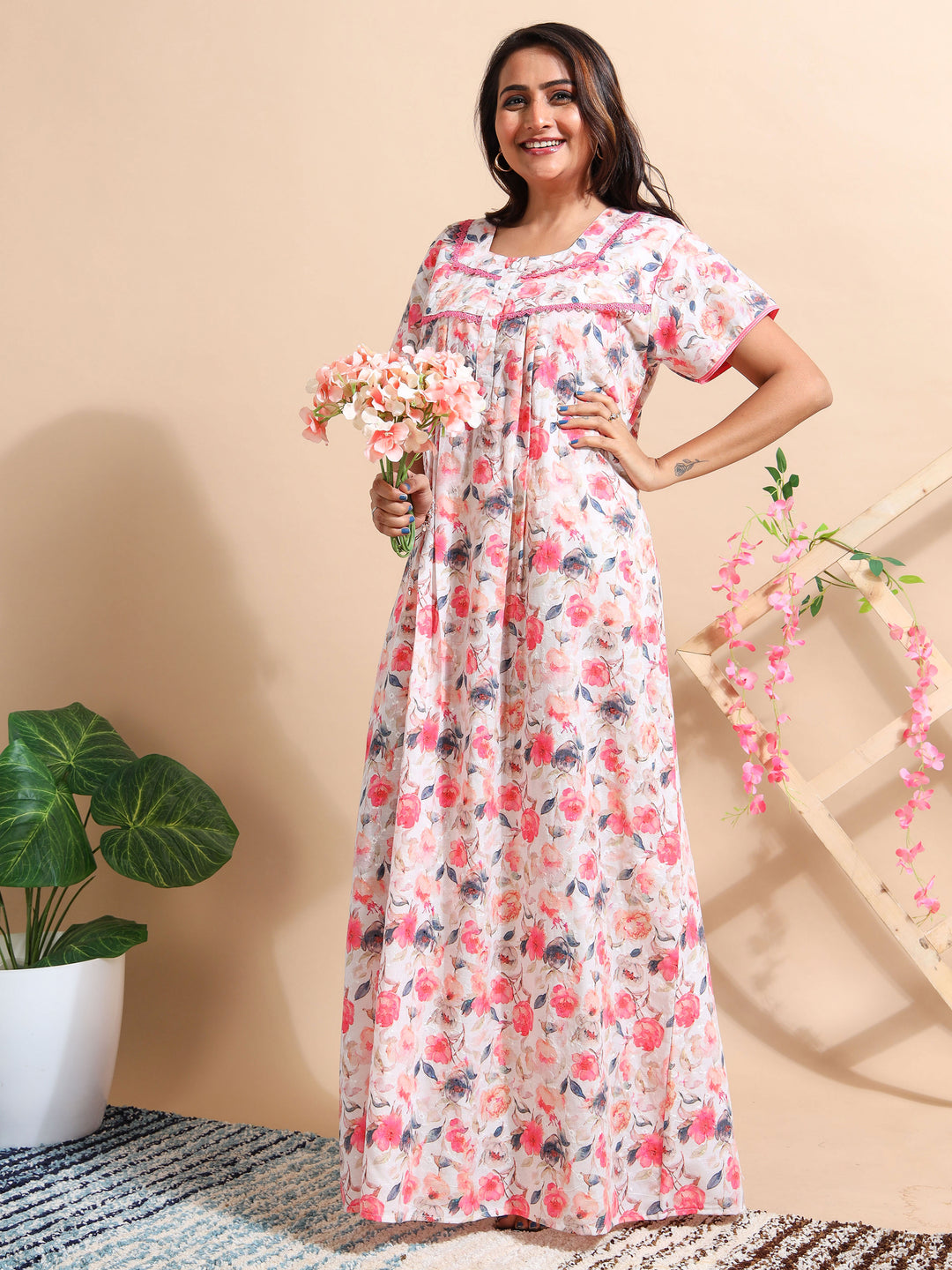 Premium Red Chikankari Cotton Nighty for Women