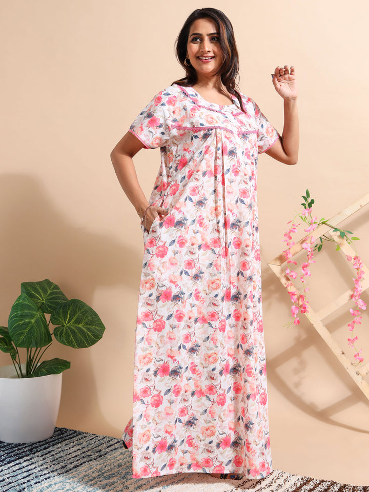 Premium Red Chikankari Cotton Nighty for Women