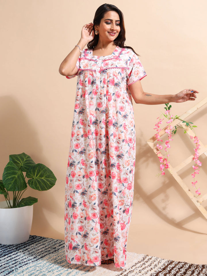 Premium Red Chikankari Cotton Nighty for Women