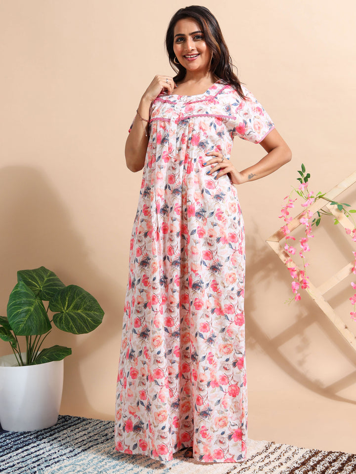 Premium Red Chikankari Cotton Nighty for Women