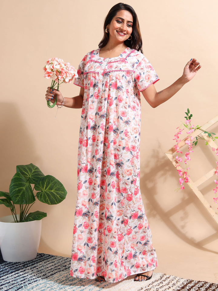 Premium Red Chikankari Cotton Nighty for Women
