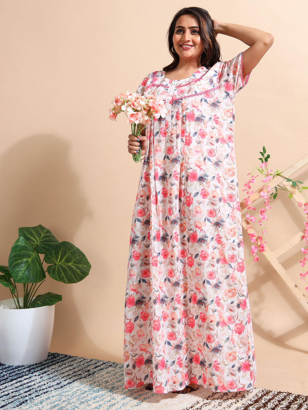 Premium Red Chikankari Cotton Nighty for Women