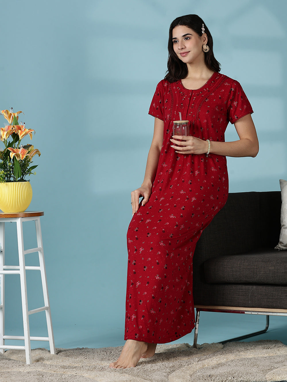 Deep Red Premium Cotton Blend Night dress for Women