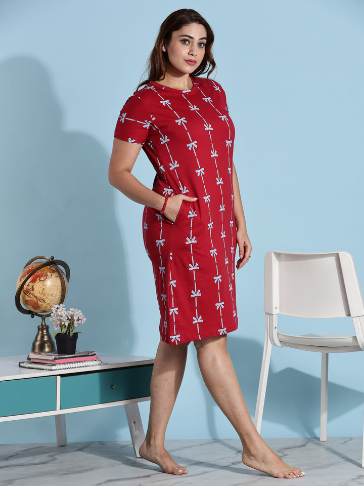 Premium Ribbon Red Cotton Short Nighty for Ladies