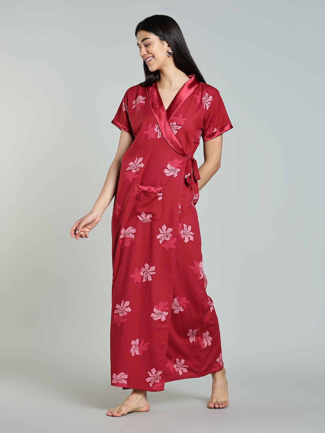 Red Floral House Coat for Women