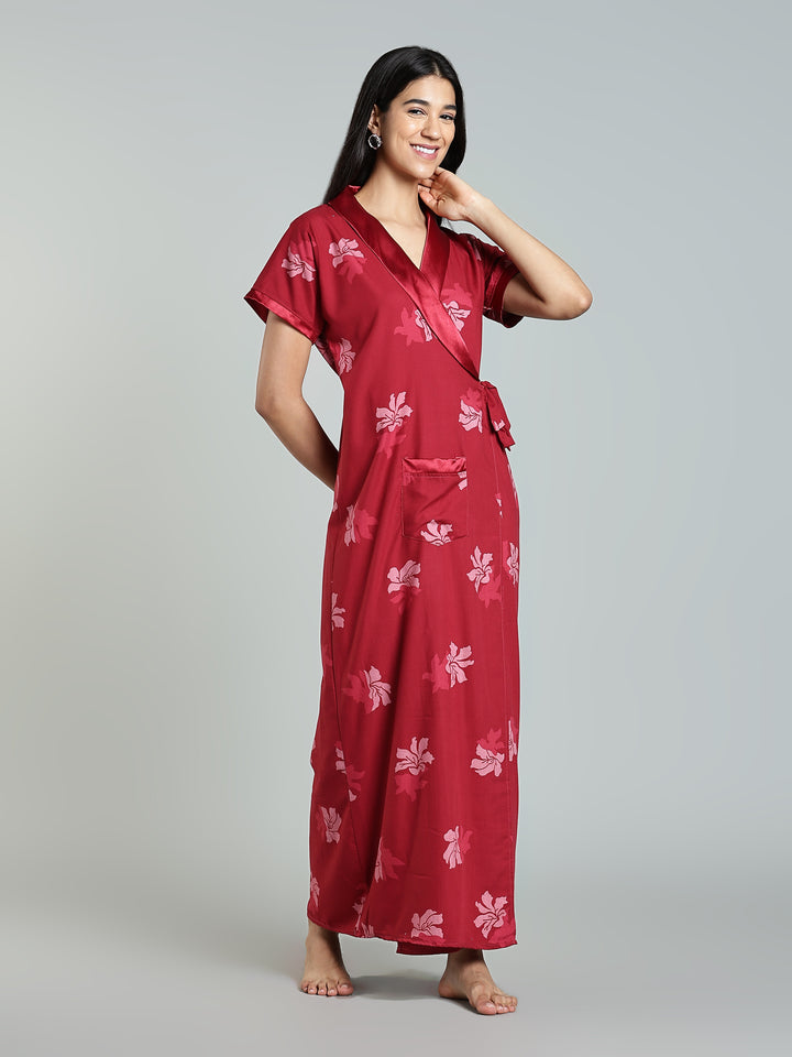 Red Floral House Coat for Women