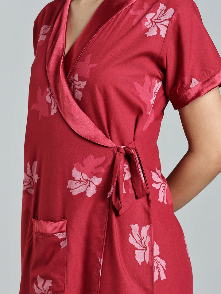 Red Floral House Coat for Women