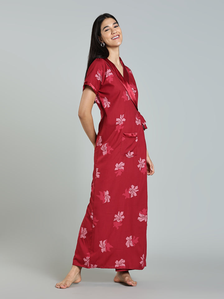 Red Floral House Coat for Women