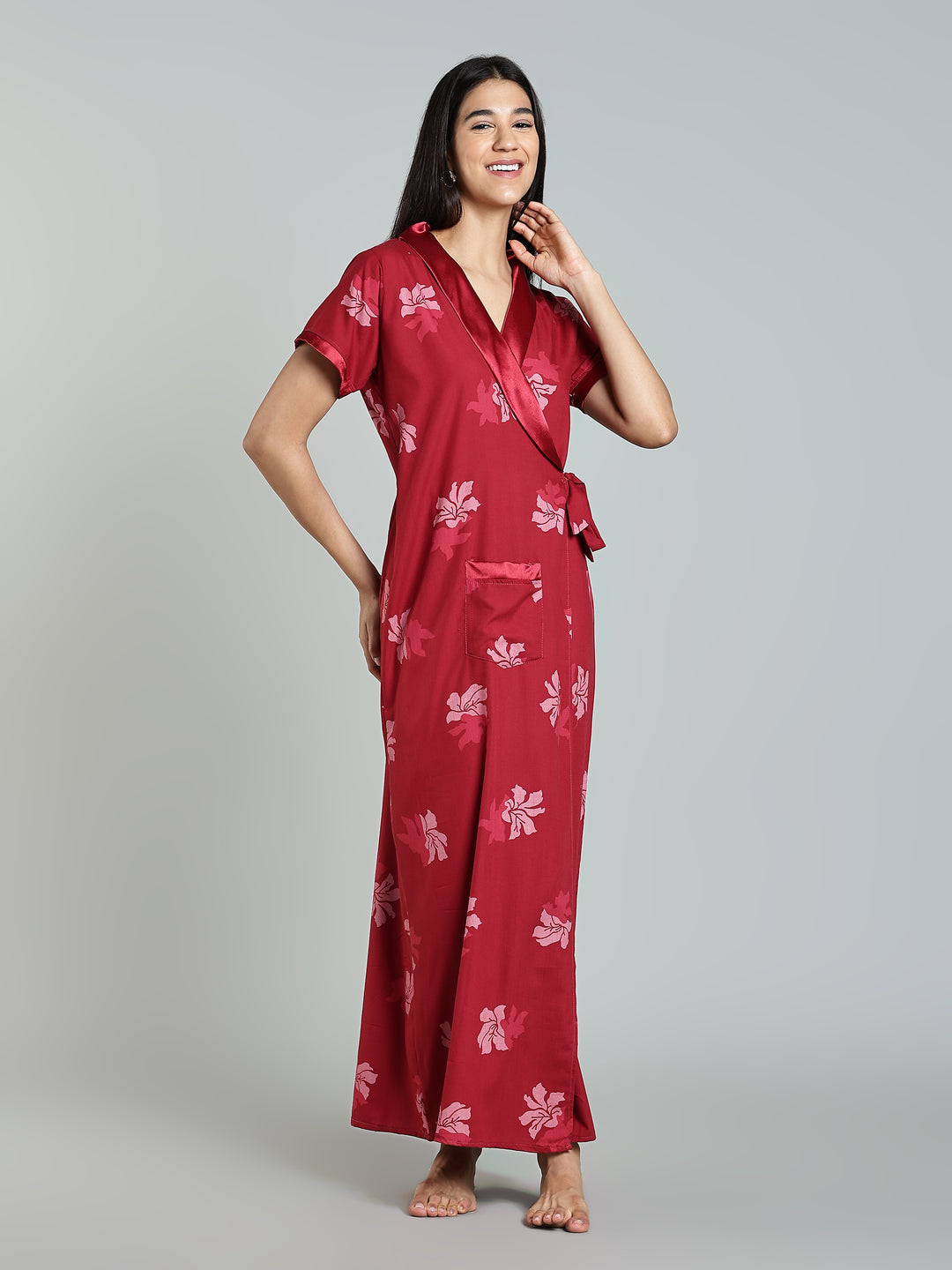 Red Floral House Coat for Women