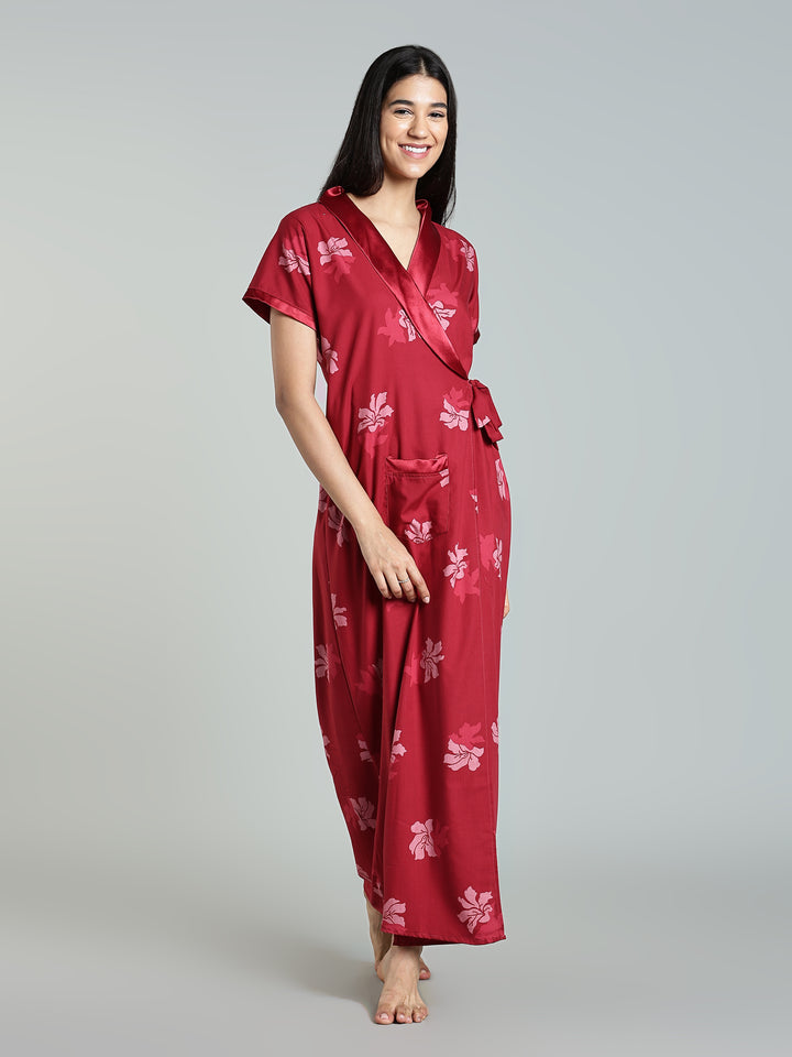 Red Floral House Coat for Women