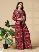 Red Rayon Embroidered Nighty for Women with Button Front