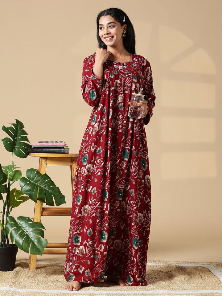 Cozy Red Rayon Ladies Nighty Dress