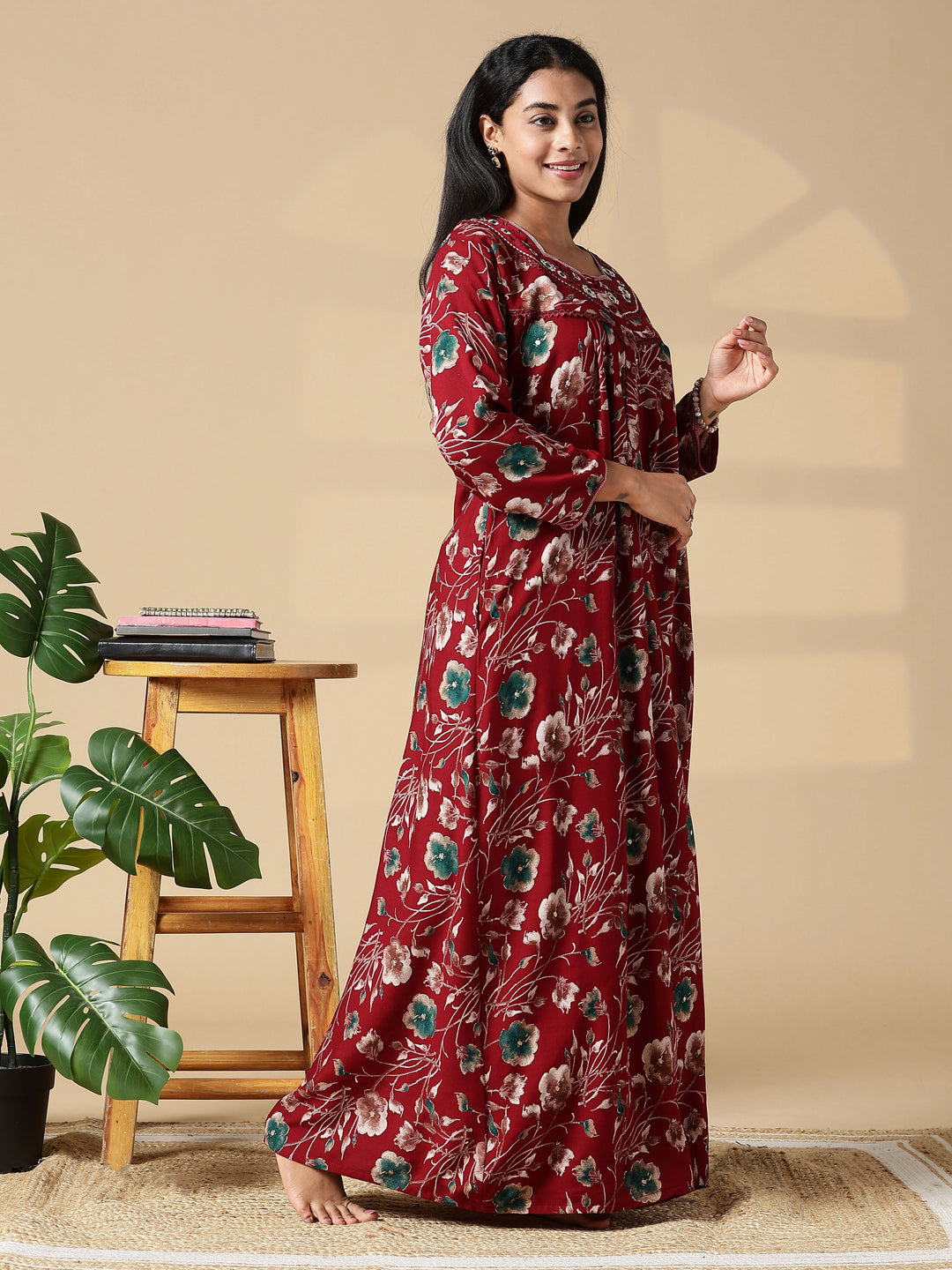 Cozy Red Rayon Ladies Nighty Dress