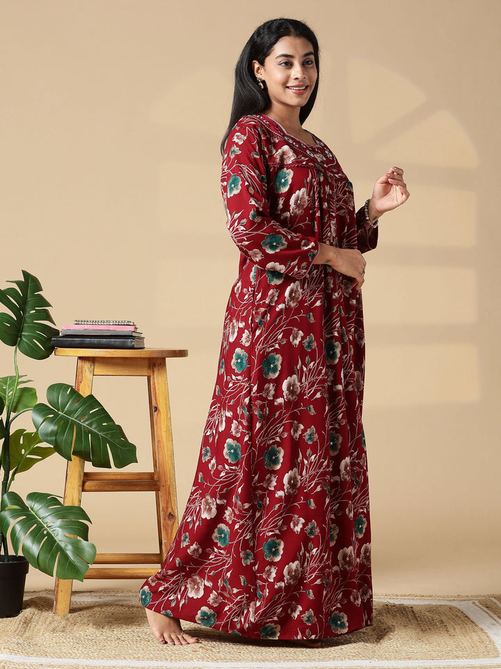 Cozy Red Rayon Ladies Nighty Dress