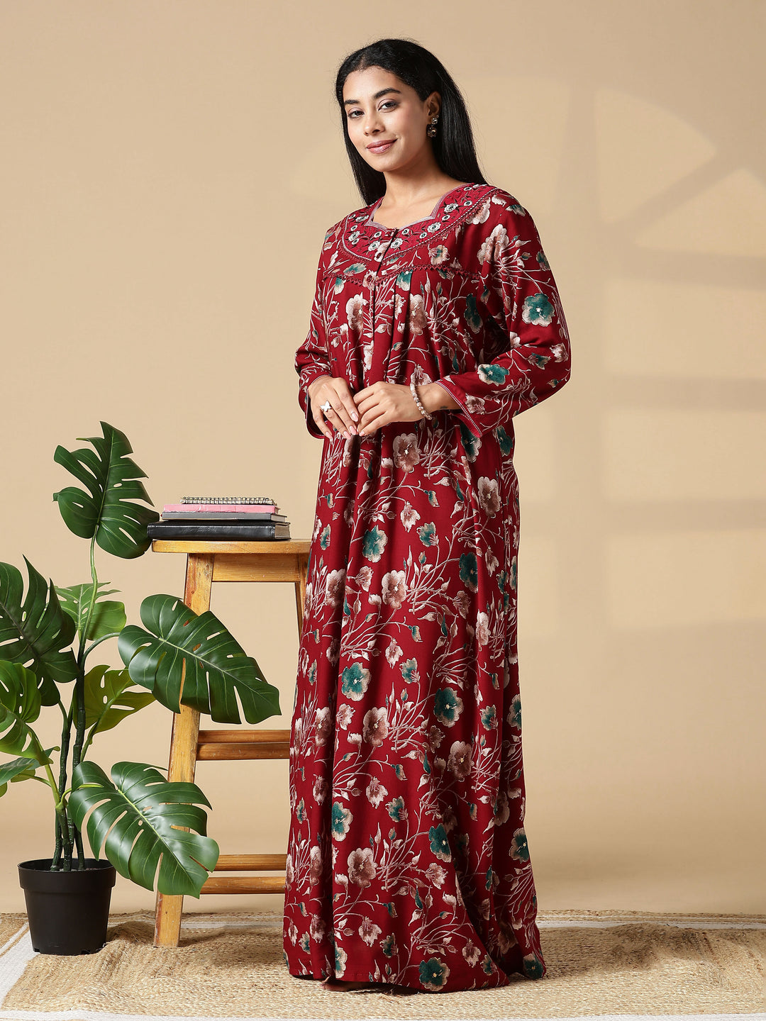 Cozy Red Rayon Ladies Nighty Dress