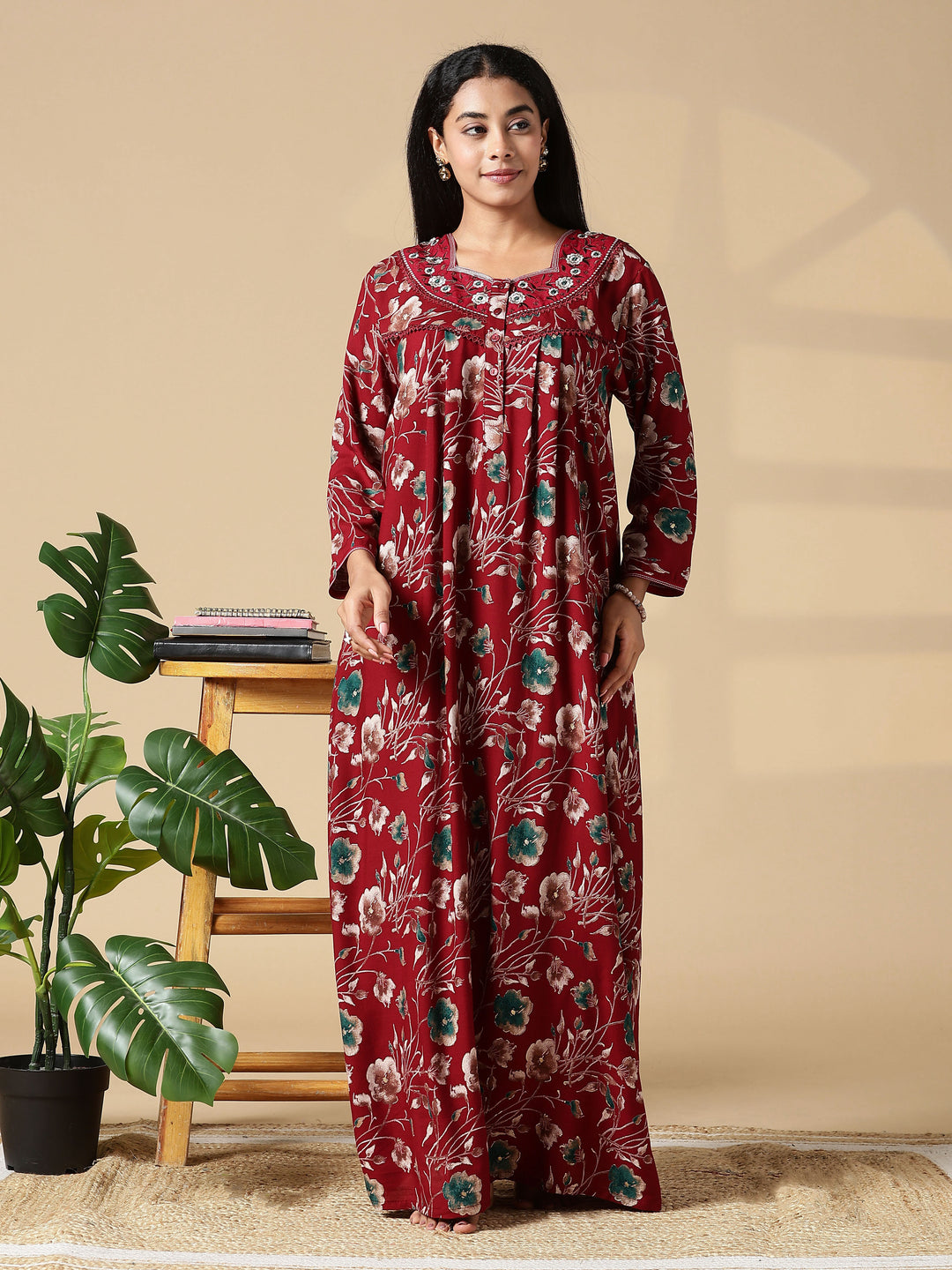 Cozy Red Rayon Ladies Nighty Dress