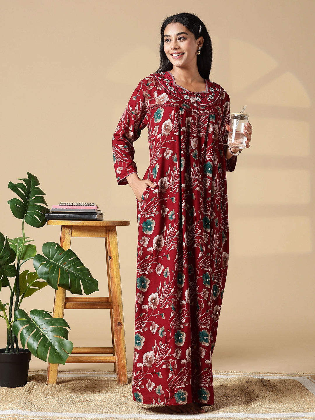 Cozy Red Rayon Ladies Nighty Dress