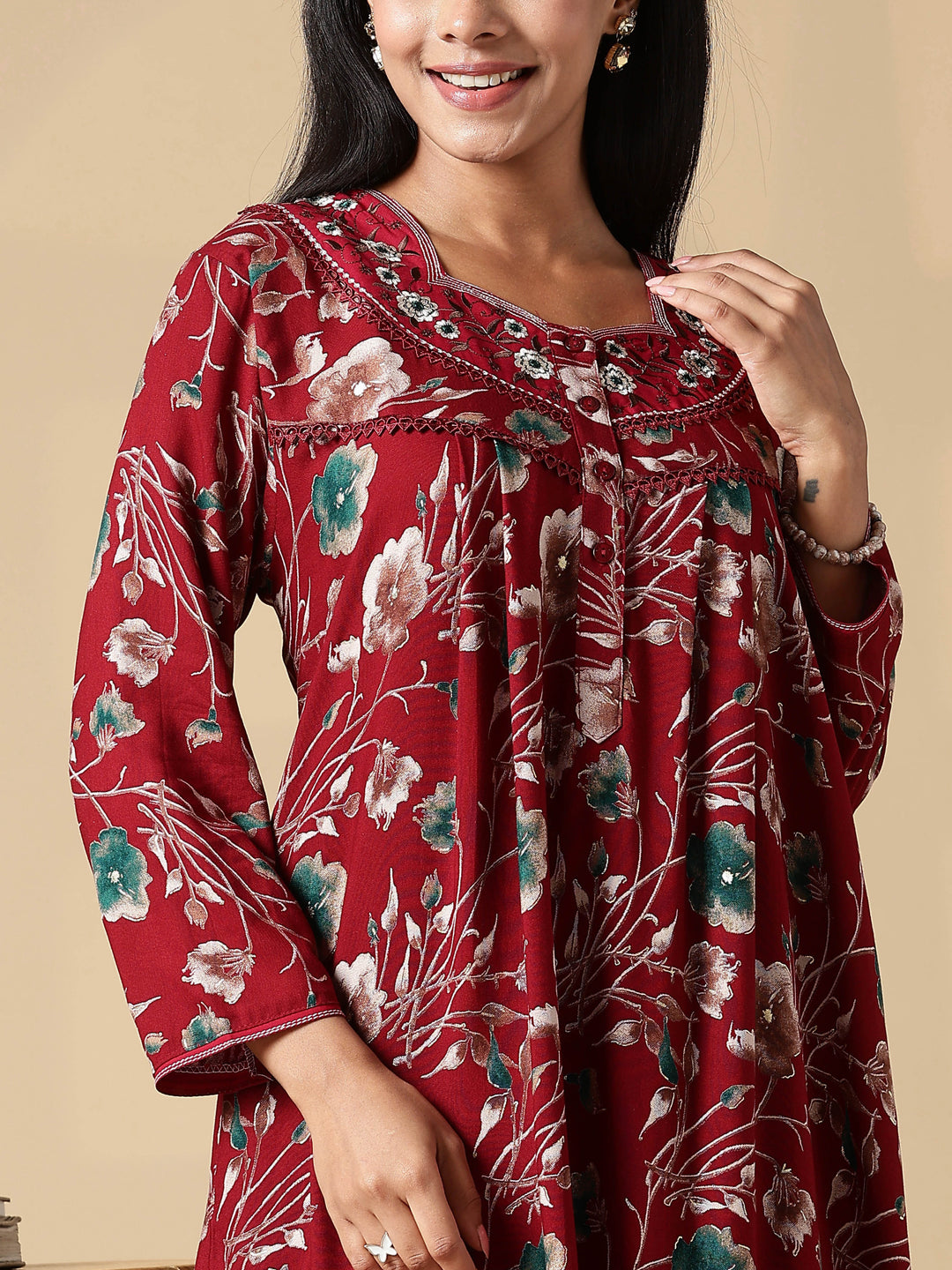 Cozy Red Rayon Ladies Nighty Dress