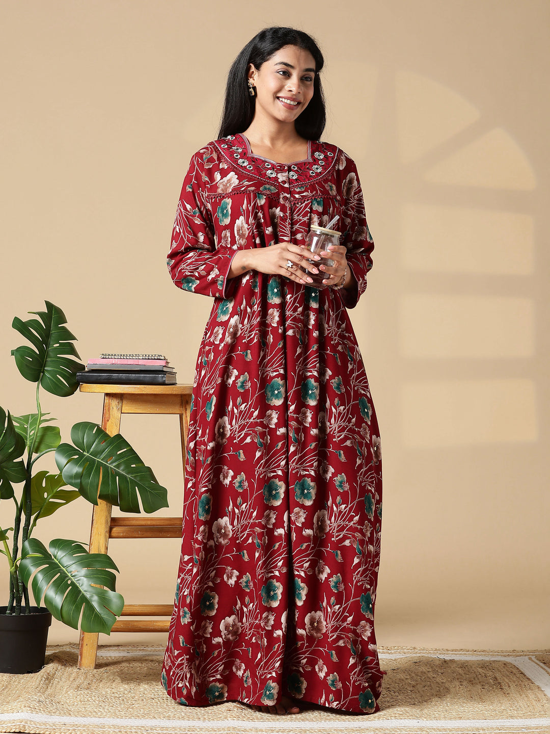 Cozy Red Rayon Ladies Nighty Dress