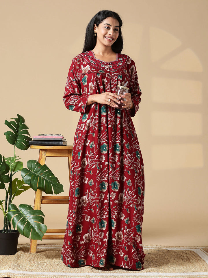 Cozy Red Rayon Ladies Nighty Dress