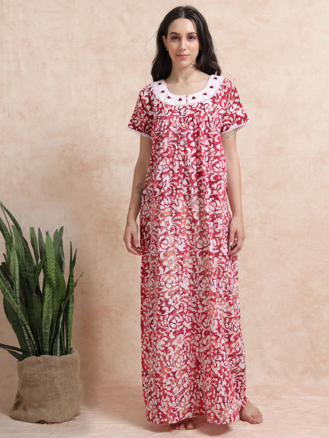 Red Pink Batik Print Pure Cotton Nighty for Women