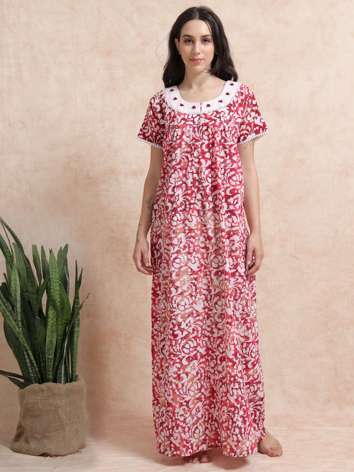 Red Pink Batik Print Pure Cotton Nighty for Women