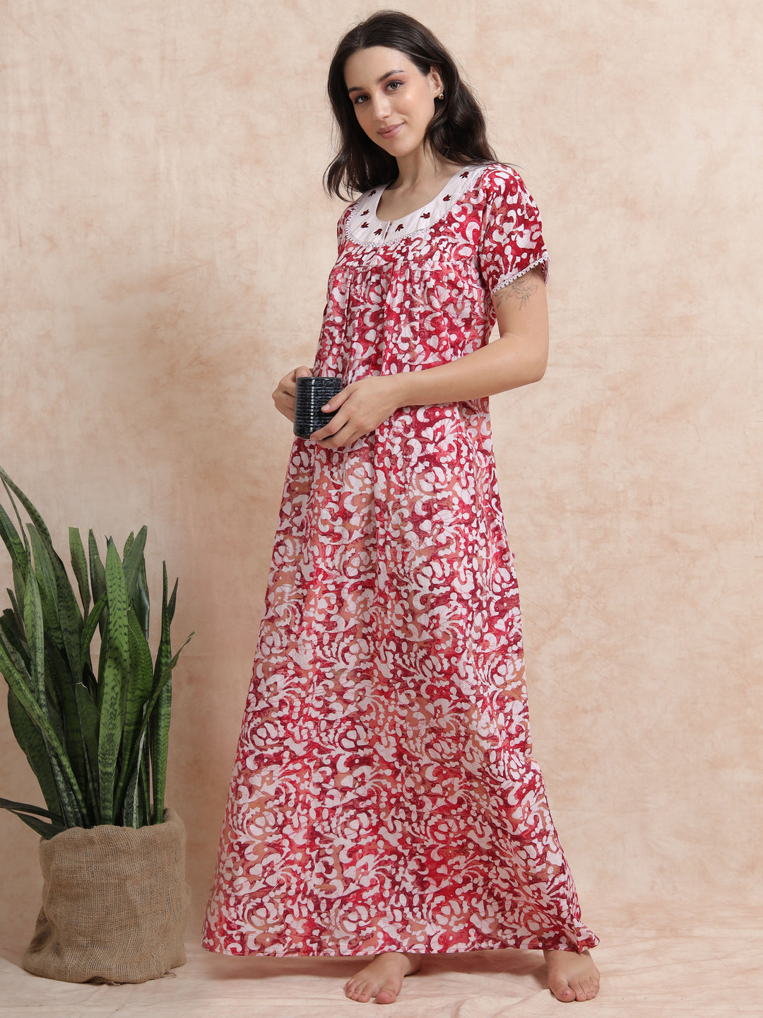 Red Pink Batik Print Pure Cotton Nighty for Women